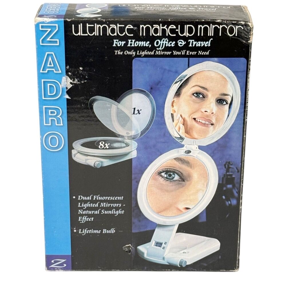 Zadro Lighted Ultimate Make Up Mirror Travel 2 Magnify Folding ULT18 Plug & Batt